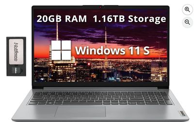 Lenovo IdeaPad 1 15.6" HD Laptop, Intel Pentium Silver N6000, 20GB RAM, 1.16TB Storage (1TB SSD+160GB Docking Station Set), Intel UHD Graphics, 1 Year Office 365, Num Pad, HD Camera, Win 11 S, Gray