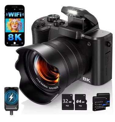 8K Digital Camera for Photography Autofocus WiFi 88MP Vlogging Camera with Dual-Lens 16X Digital Zoom Touch Screen Travel Camera