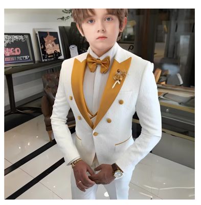 White Jacquard Suit for Boys Three Piece Suit Wedding Kids Tuxedo 2025 New Design Boys Jacket Pants Vest Custom Dress