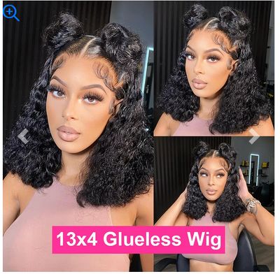 Stretched Length: 10inches, Density: 150% - Water Wave Bob Wig Glueless Preplucked Human Wigs Ready To Go 13x4 Frontal Brazilian Wigs HD Transparent Lace Wig Deep Curls