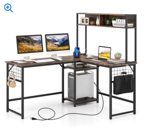 L-shaped Desk with Power Outlet Hutch-Rustic Brown