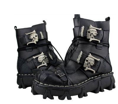 Color: Black, Size: 46 - Men's Cowhide Genuine Leather Motorcycle Boots Military Combat Boots Gothic Skull Punk Boots
