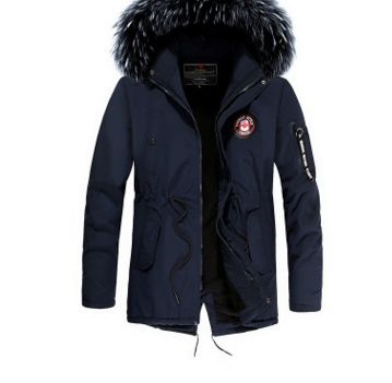 Color: Blue, Size: XL - Winter new warm casual men's cotton coat thick long hair fur collar coat
