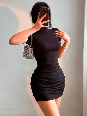 Color: Khaki, Size: S - Sexy Tight Half High Collar Pleated Waist Mini Dress Spicy Girls Slim Dresses Bodycon Women Vestidos Cortos Party Mujer Clothing