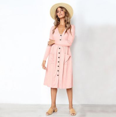 Color: Pink, Size: M-Long sleeve, style:  - Autumn fashion v-neck button wild pocket long-sleeved women's dress