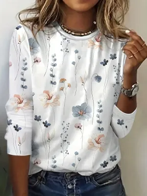Color: MULTI, Size: M - Floral Print Crew Neck T-Shirt, Casual Long Sleeve Top For Spring &amp; Fall, Women's Clothing