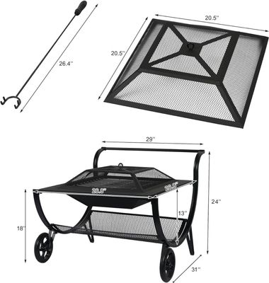 Fire Pit, 27" Metal Wood Burning Firepit Stove with Wheel &amp; Storage Shelf, Outdoor Fire Pit with Lid for Camping, BBQ, Garden, Backyard