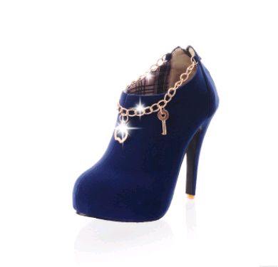 Color: Blue, Size: 37 - Elegant waterproof platform metal chain ring neck high heel and ankle boots women's boots