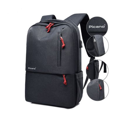 Color: 1601 aAll black, Size: 2pcs - Cross border Picano custom computer bag backpack leisure student package men and women multi-functional USB charging knapsack Color: 1601 aAll black, Size: 2pcs - Cross border Picano custom computer bag backpack leisure student package men and women multi-functional USB charging knapsack