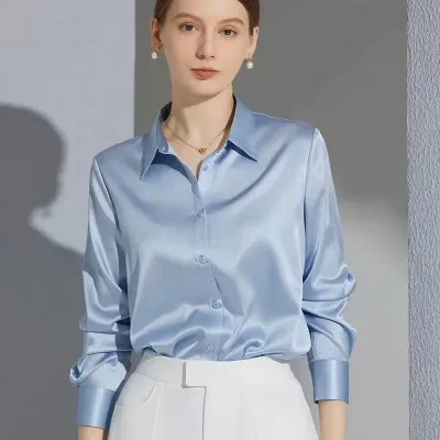 Color: Blue, Size: S - All-match Satin Finish Shirts And Blouses Women Clothing Casual Top OL Long Sleeve Button Elegant Shirts French Solid Blouses