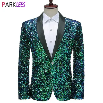 Color: Fuchsia, Size: XXL - Shiny Green Sequins Bling Glitter Blazer Men 2023 Shawl Collar One Button Tuxedo Suits&amp;Blazer Mens Wedding Party Stage Costumes