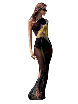 Color: black, Size: L - CUTENOVA Sexy Sleeveless One Shoulder Printed See Through Mesh Dresses For Women 2024 Summer High Slit Slim Beach Holiday Dress