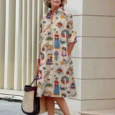 Color: Champagne, Size: 5XL - S-5Xl Summer Shirt Dress White Blue Evening Vintage Dresses Party Extra Long Women's Loose Gowns Only Celadon Printed Gowns