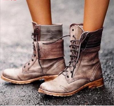 Color: Khaki, Size: 38 - Round toe low heel cross strap Martin boots