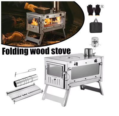 430 Stainless Steel Portable Tent Stove Foldable with Side Glass Chimney Burner Camping Wood Stove Heating Cooking Grill