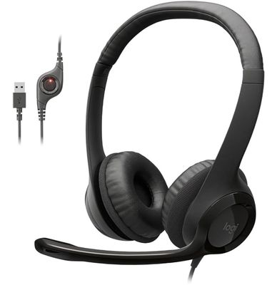 Logitech H390 Wired Headset for PC/Laptop, Stereo Headphones with Noise Cancelling Microphone, USB-A, in-Line Controls for Video Meetings, Music, Gaming and Beyond - Black, 1 Pack