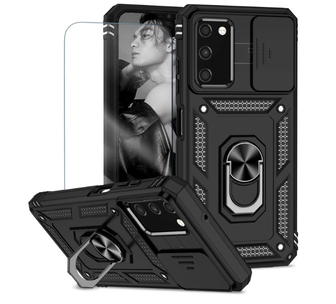 for Samsung Galaxy A03s Case Includes 2 Tempered Protective Films Cover with Sliding Camera Protection Window and Phone Stand - Black