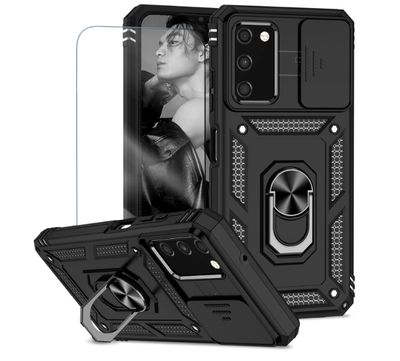 for Samsung Galaxy A03s Case Includes 2 Tempered Protective Films Cover with Sliding Camera Protection Window and Phone Stand - Black