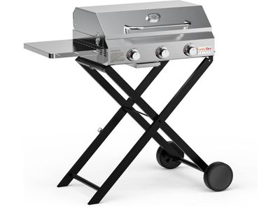 BBQ Gas Grill 3 Burners with Foldable Cart &amp; Wheels for Easy Transport, Stainless Steel Portable Propane Grill with Side Shelf for Outdoor Patio Backyard Barbecue Camping, GS308