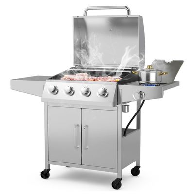 Giantex 4-Burner Propane Gas Grill with Side Burner, Stainless Steel Outdoor BBQ Grill, 50,000 BTU, 460 sq.in Cooking Area, 2 Prep Tables, Thermometer, Storage Cabinet &amp; Wheels