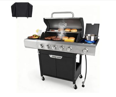 Endark 5-Burner 58,500 BTU Outdoor Propane Gas Grill with Side Burner, Stainless Steel &amp; Porcelain Grates, Wheeled BBQ Grill for Patio, Garden, Backyard