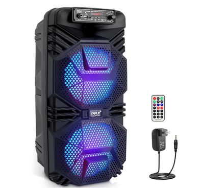 Pyle Party Speaker - Portable PA System, Rechargeable Bluetooth w/Dual 8” Subwoofer 1” Tweeter, Microphone in, Disco Lights, USB, Radio, Remote, Great for Events, Karaoke and More