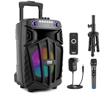 Pyle Party Bluetooth Speaker 880Watts Portable PA System - Rechargeable Audio System w/Wireless Mic, Wheels, TWS, Disco Lights, LED Display, Mount, Perfect for Outdoor Events, Parties, Karaoke