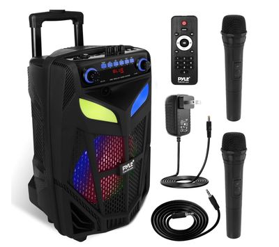 Portable Bluetooth PA Speaker System - 600W 10” Outdoor BT Speaker - Includes 2 Wireless Microphones, Party Lights, USB SD Card Reader, FM Radio, Rolling Wheels - Remote Control - Pyle PPHP101WMB