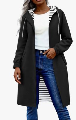 Women Long Rain Jacket Oversized Waterproof Raincoat Lightweight Striped Lined Outdoor Hooded Trench Coats Windbreaker