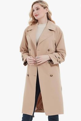 RISISSIDA Women Double-Breasted Trench Coat,Water Resistant,Casual and Business Overcoat,Knee-Length,Loose Fit,Removable Belt