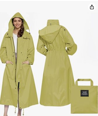 Womens Long Raincoats Rain Jacket Waterproof Packable Outdoor Hooded Windbreaker Lightweight Adjustable Waist for Outdoors