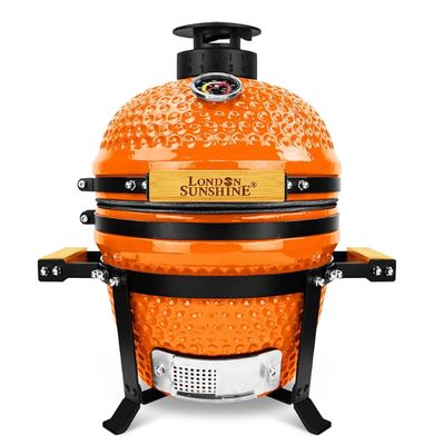 Upgraded 13 inch Ceramic Kamado Grill with Waterproof Air Vent Cap | Portable Tabletop Charcoal BBQ Grill Smoker for Outdoor Cooking, Patio, Camping | Orange