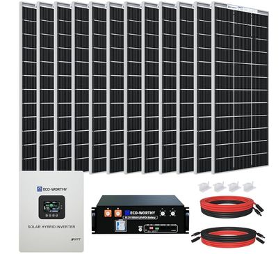 ECO-WORTHY 9.6KWH 2400W Home Off-Grid Solar Power System: 12Pcs 195W Bifacial Solar Panel + 1Pc 48V 100AH UL1973 | UL9540A | CEC Server Rack LiFePO4 Battery + 48V 5KW Hybrid Inverter