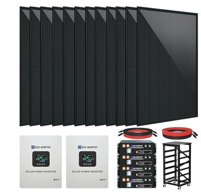 ECO-WORTHY 20.16KWH 5000W Off-Grid Solar System for Home：12Pcs N-Type 420W Solar Panels+ 4Pcs 48V 100AH UL1973 | UL9540A | CEC LiFePO4 Battery + 2Pcs 48V 5KW Hybrid Inverter + 3U 6-Layer Battery Rack