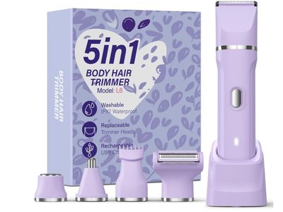 Upgraded 5-in-1 Bikini Trimmer for Women, IPX7 Waterproof Electric Razors Shaver, Cordless Body Hair Trimmer, Facial &amp; Pubic Hair Removal, Ceramic Blade (Purple)
