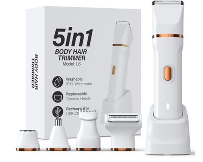 5-in-1 Bikini Trimmer for Women, IPX7 Waterproof Electric Razors Shaver, Cordless Body Hair Trimmer, Facial &amp; Pubic Hair Removal, Ceramic Blade (White)