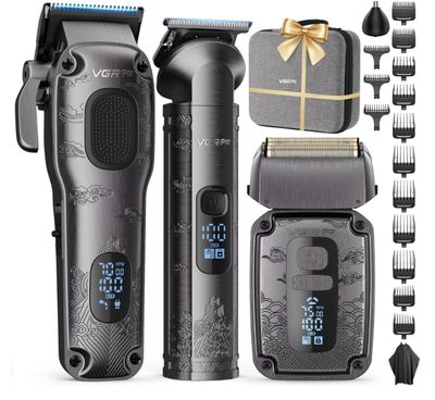 Hair Clippers &amp; Trimmers set for Men Professional, Waterproof Electric Razor Foil Shaver for Men Face Beard, Cordless for Hair Cutting, 4-Speed Setting, LED Battery Display, Barber or Home Use (Gray)