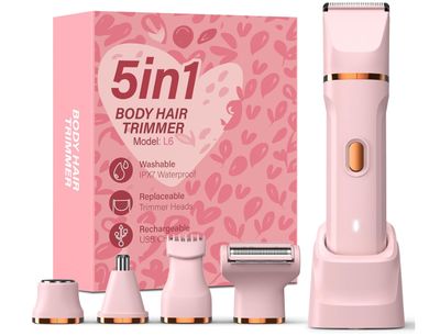 Upgraded 5-in-1 Bikini Trimmer for Women, IPX7 Waterproof Electric Razors Shaver, Cordless Body Hair Trimmer, Facial &amp; Pubic Hair Removal, Ceramic Blade (Pink)