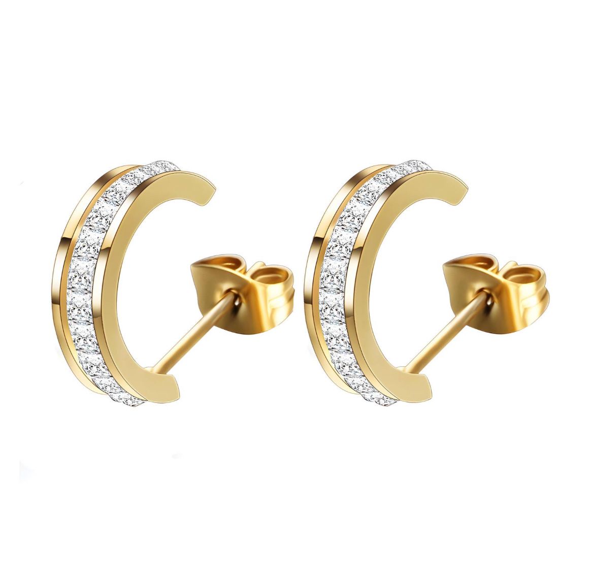 18K Yellow Gold Half C Hoop Stud Earrings for Women