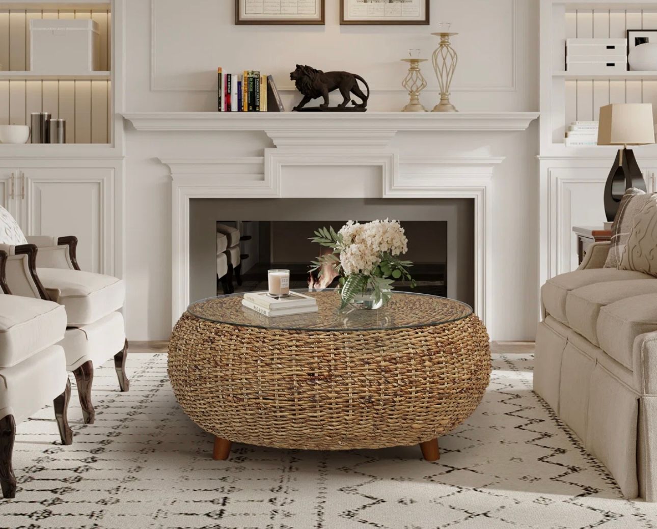 🌿 Natural Wicker Glass Top Coffee Table