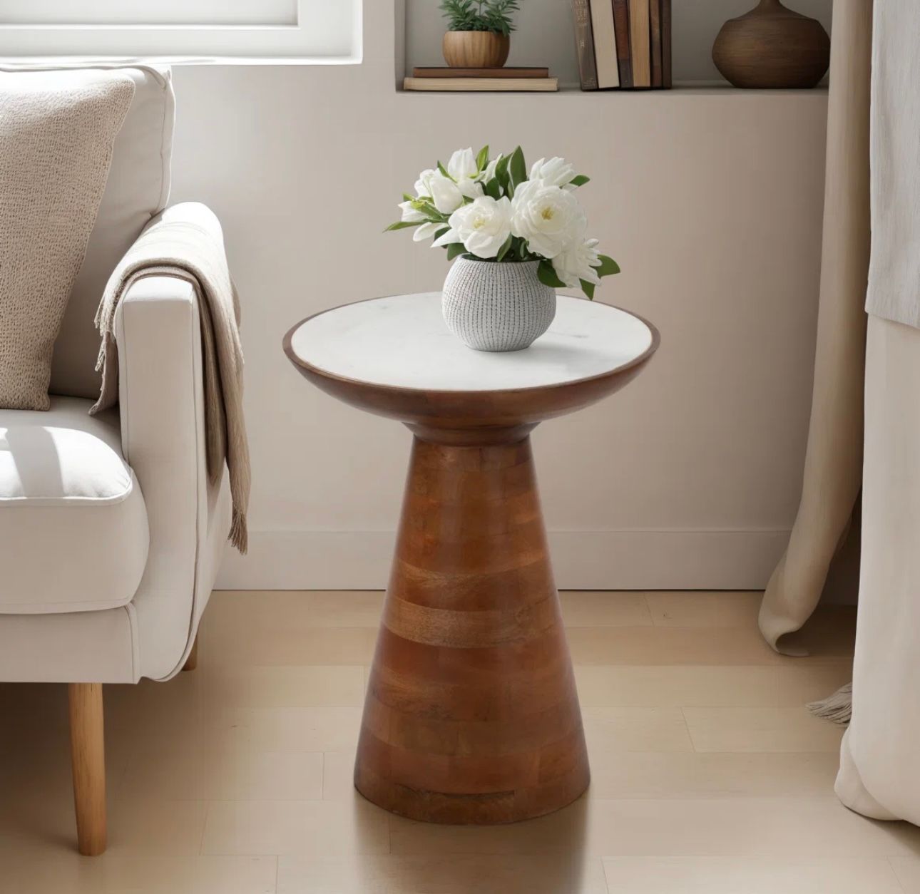 🪵 Marble Top Pedestal Side Table – Modern Round Accent