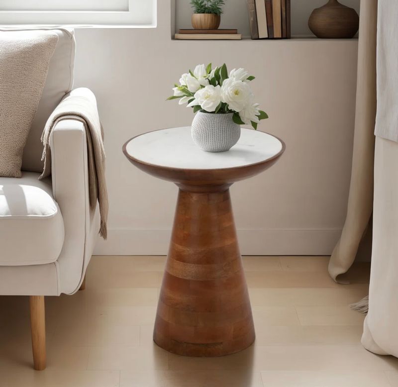 🪵 Marble Top Pedestal Side Table – Modern Round Accent
