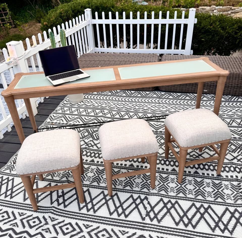 Wilmington Frosted Glass Solid Wood Console Table with 3 Stools – Modern &amp; Stylish