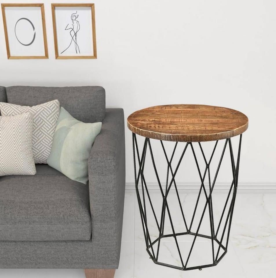 Valerie 20&quot; Natural Round Wood End Table – Solid Wood &amp; Metal Base – Walnut Finish