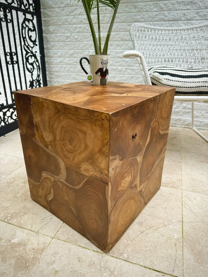 Large Solid Teak Wood Slice Cube Side Table / Stool – Phillips Collection Style