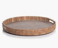 Tray-Silk/Woven Cane Taupe Blue-Round