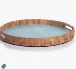 Tray-Silk/Woven Cane Blue-Round