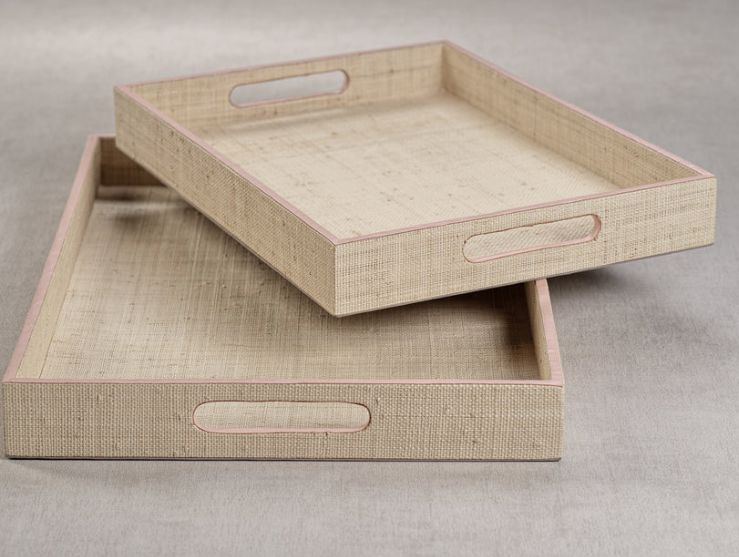 Tray-Natural Raffia/Pink Leather-L