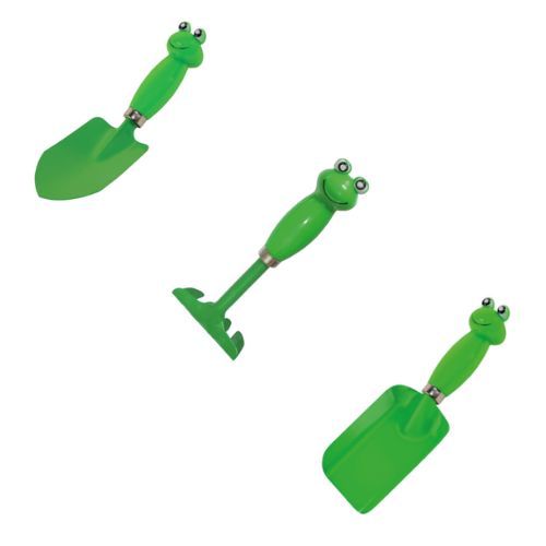 Zestaw narzędzi ogrodowych dla dzieci Żabka 🐸 | Szpadelek, grabki, łopatka 🌱 3 el. 20–25 cm – zielone