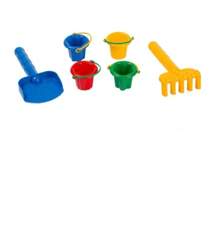 Kolorowy zestaw plażowy dla dzieci: 4 wiaderka, łopatka i grabki. Idealny na plażę, do piaskownicy i ogrodu. Polski producent 🇵🇱. Wysoka jakość i bezpieczne materiały!